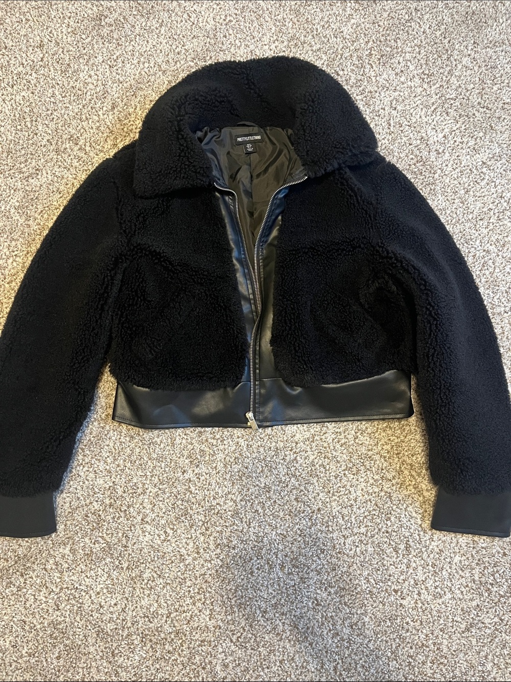 PrettyLittleThing Black Faux Shearling Teddy Jacket with Leather Trim